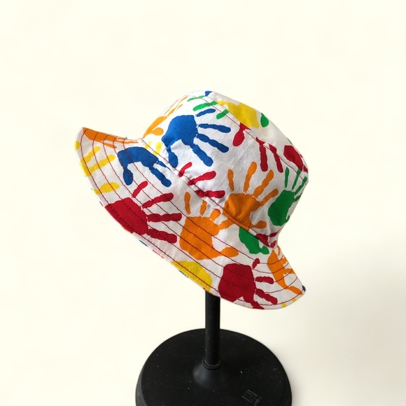 NWOT HANDMADE REVERSIBLE Girls Bucket Hat vibrant flowers & hand prints 19-20.5” - Picture 4 of 7